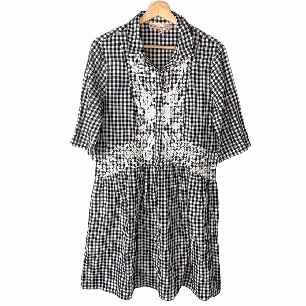 Philosophy Black White Gingham Embroidered Shirt Dress Pockets M Cottagecore - Picture 3 of 8